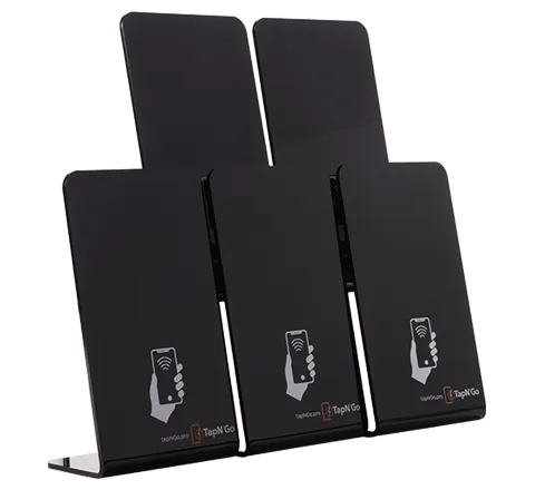 A group of 5 blank TapN'Go NFC stands demonstrating an order option