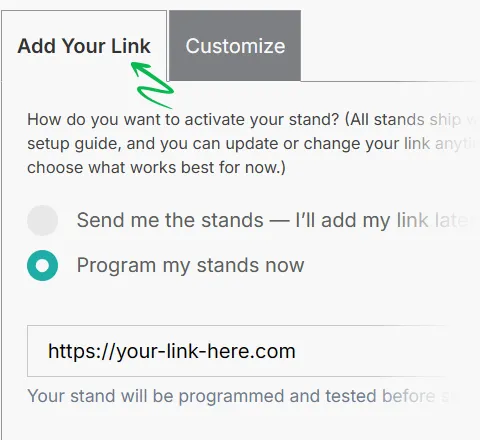 Screenshot of the actual ordering process focusing on the add a link section
