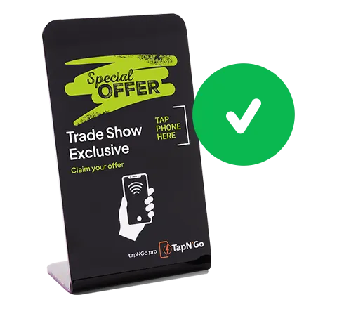A completed NFC stand design is shown with a green checkmark over the stand depicting a completed ordering process