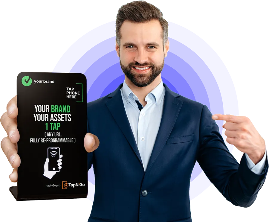 Businessman proudly holding a TapN'Go NFC stand