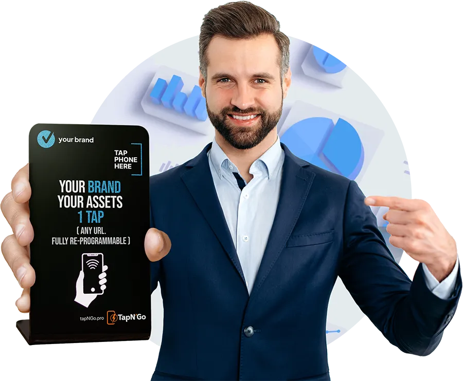 Businessman proudly holding a TapN'Go NFC stand