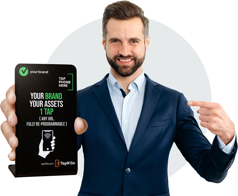 Businessman proudly holding a TapN'Go NFC stand